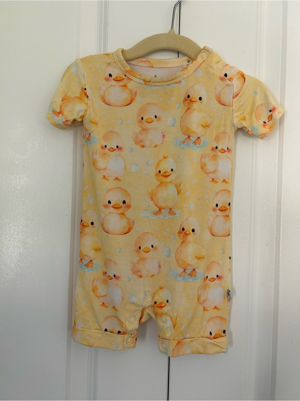 Bums & Roses You Quack Me Up shortie bamboo romper 6-9 months ducklings yellow